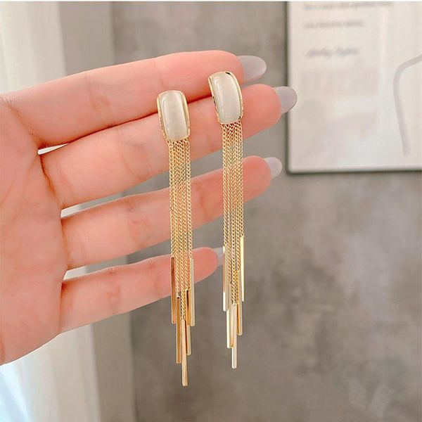 

dangle & chandelier brand designer long opal moonstone tassel hanging earrings for women wedding drop earing 2021 statement jewelry gifts, Silver