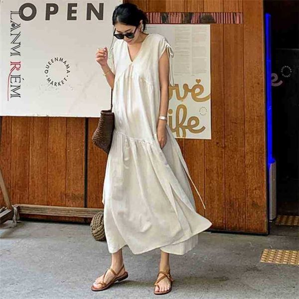 

loose large size cotton and linen dresses bandage bow v neck sleeveless over knee long side vent hem cloth yj602 210526, Black;gray