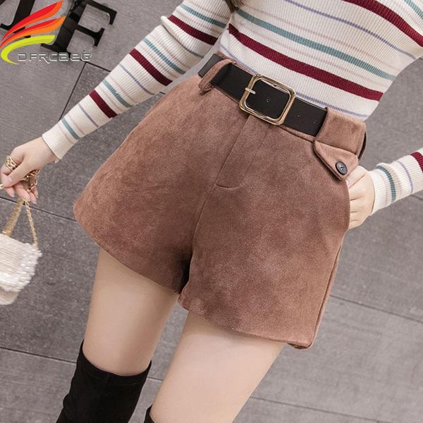 

women's shorts 2021 suede leather casual women autumn winter brown black high waist with belt korean style short feminino, White;black