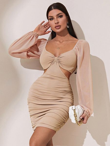 

ruched cut out lantern sleeve sweetheart neck bodycon dress m1yo#, Black;gray