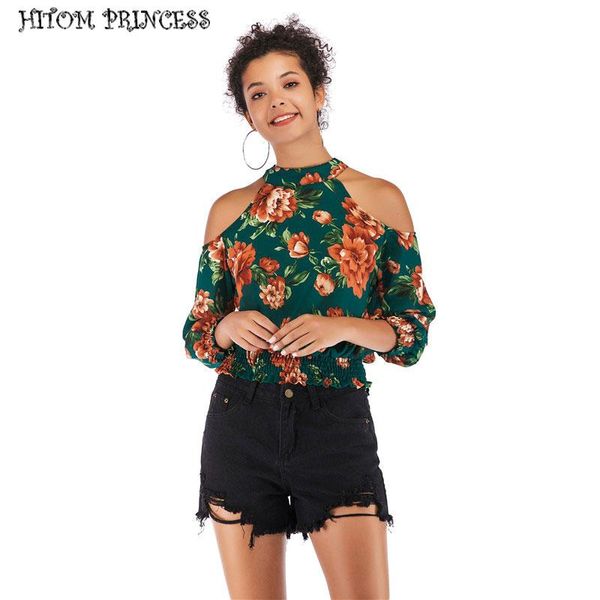 

women's blouses & shirts hitom princess cold shoulder 2021 floral print blouse fashion women tunic waist streetwear loose blusas, White