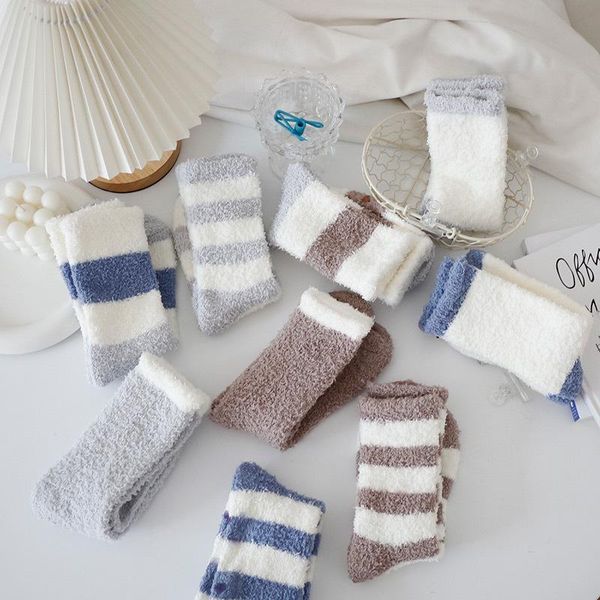 

men's socks 1 pair and women's winter thicken warm coral fleece middle tube striped home floor, Black
