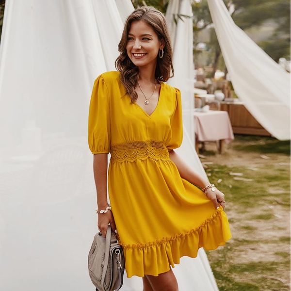 

casual dresses elegant solid half sleeve summer dress women a-line office lady v-neck high waist knee-length, Black;gray