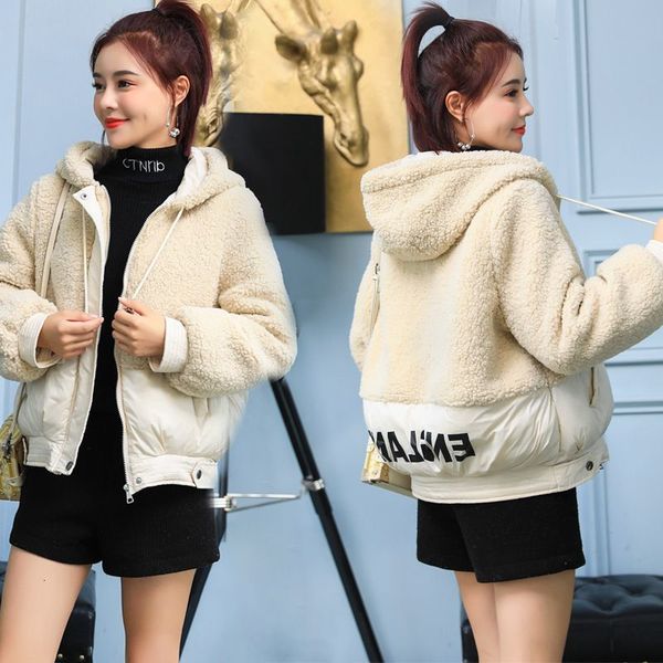 

2021 Lamb Wool Coat New Female Down Cotton Jacket Short Tops Ladies Winter Women Parkas Hooded Overcoat A275 CQOV, Black