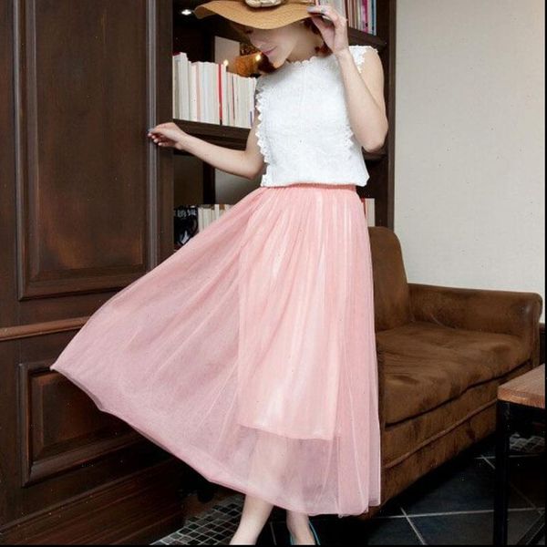 

2021 pleated long skirt women summer elastic band high waist mesh hollow out purple skirt maxi office skirt, Black