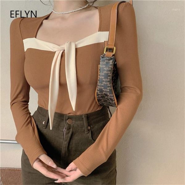 

woman sweaters slim square collar bowtie knit 2021 autumn retro long-sleeved t-shirt contrast color bottom shirt women's, White;black