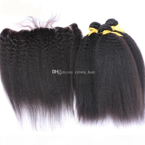 

selling kinky straight lace frontal with mongolian human hair 3 bundles coarse yaki ear to ear full lace frontals with hair weaves, Black