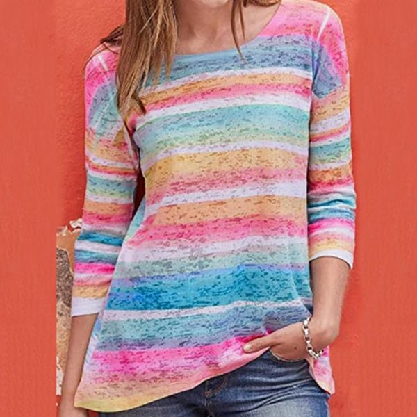 

striped printed t shirt for women casual o-neck color long sleeve loose koszulka damska tshirt women camisetas mujer, White