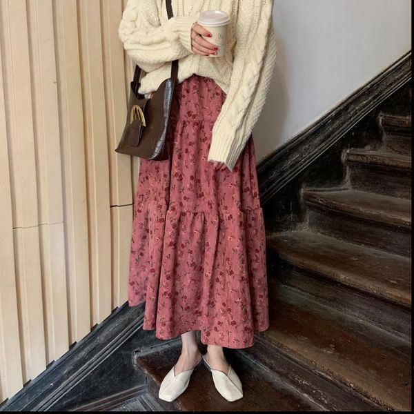 

vintage floral print pleated corduroy skirt women elastic high waist skirts spring autumn 2021 elegant female bottom, Black