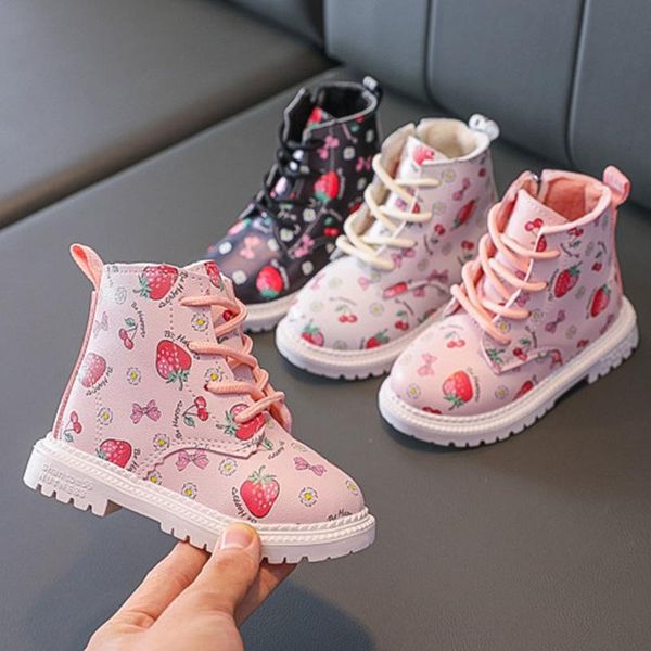 

boots baby girls keep warm leather kids shoes for girl sneaker children' cute strawberry print short, Black;grey
