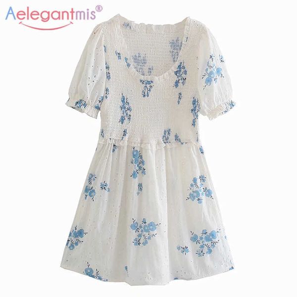 Aelegantmis Fashion Sexy Hollow Puff Sleeve Mini Dress Donna Coreano Chic Stampa Abiti Una linea Elastico in vita Abiti femminili 210607