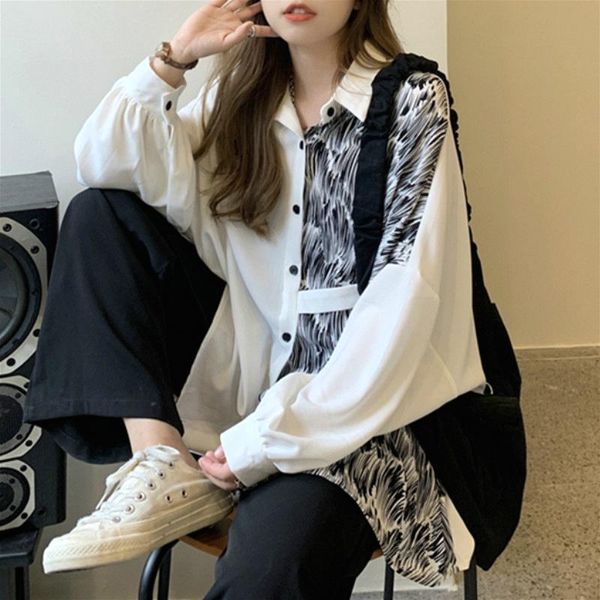 

vintage blouse women loose oversize shirt casual long sleeve spliced leopard korean style 2021 autumn women's clothing, White