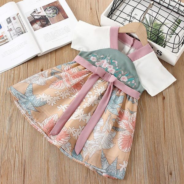 

girl's dresses summer children baby girl chinese style dress kids cotton casual short sleeve cute printed princess, Red;yellow