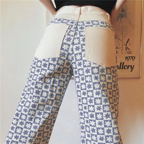 

women's pants & capris women 2021 summer harajuku straight jeans streetwear contrast color floral high waist long with pocket trousers, Black;white