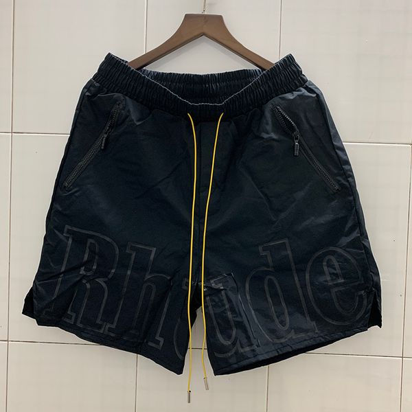 

2021 new rhude shorts men women 1:1 big letter oversize breechcloth yellow drawstring pill head 0fub, White;black