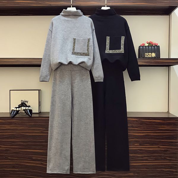 

2021 new merchall winter women casual knit sweaters trousers sets beading knitting turtleneck pullovers+wide leg pants two pieces suits x1f2, Black;gray