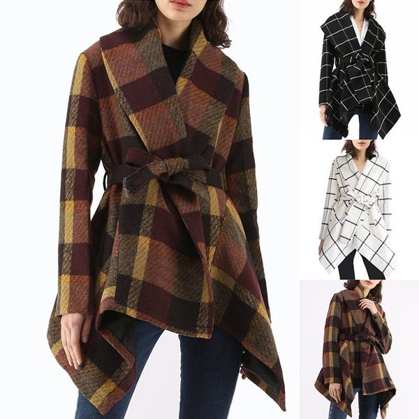 

women's wool & blends women coat winter long sleeve warm plaid woolen overcoat autumn casual fashion elegant outwear belt jacket female, Black