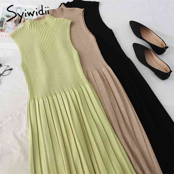 

vintage high waist tank dresses women half collar sleeveless a-line solid green clothes summer korean fashion 210607, Black;gray