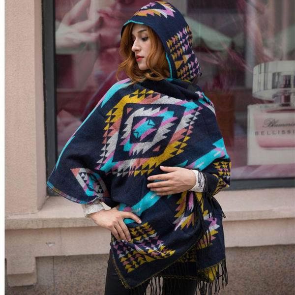 

scarves 2021 spring warm bohemian hooded national wind cloak shawl lady fleece thick retro scarf female blanket, Blue;gray