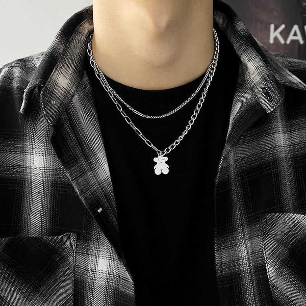 

earrings & necklace titanium steel no fading bear double layer stacked men's trendy hip hop niche clavicle chain japanese simple, Silver