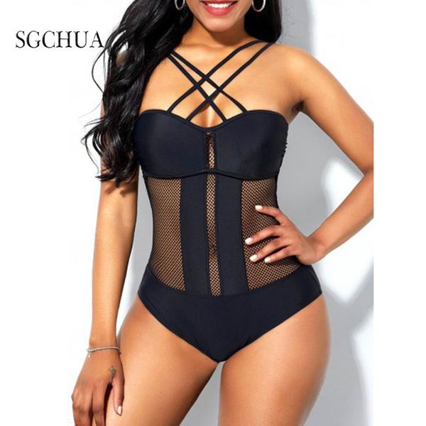 

solid black mesh large size one piece swimsuit bandage push up for women beach bathing suits cut out plus size s-xl