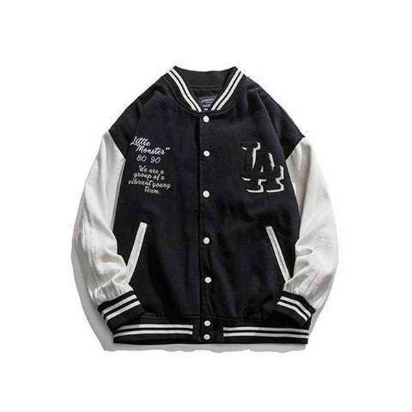 

street retro embroidery baseball uniform jacket men and women trendy brand hip-hop loose wild casual couples jacket 211110, Black;brown