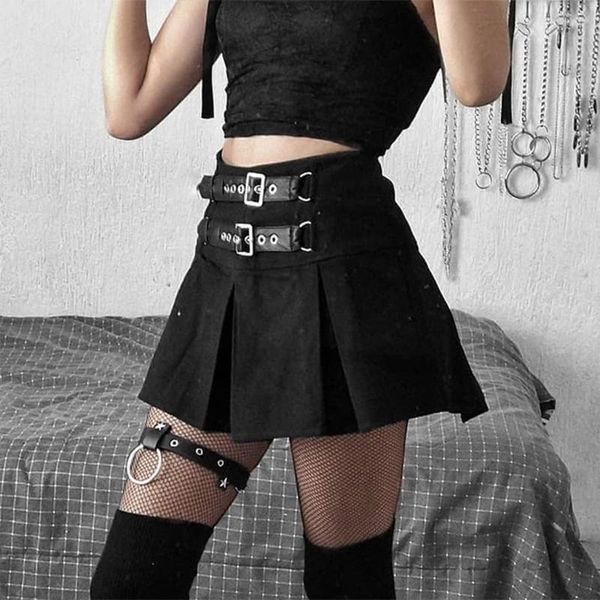 

2021 women gothic punk high waist black mini pleated skater skirt with underpants double buckle belt harajuku streetwear