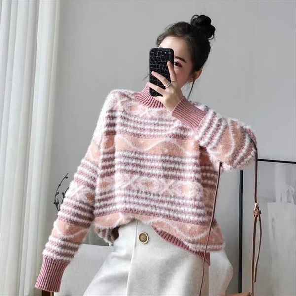 

mink velvet female thick student womens sweater korean loose autumn and winter wear small fresh half turtleneck, White;black