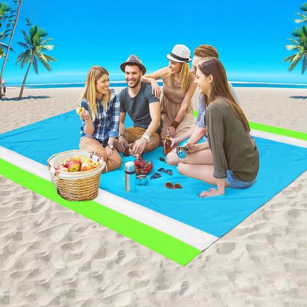 

outdoor pads beach blanket large sandless mat for 4-7 adults waterproof picnic with storage bag carabiner anchor pile