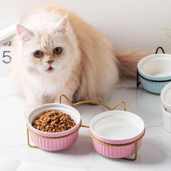 

cat bowls & feeders ceramic with stand raised non slip cute tilted pet bowl for cats dogs accessories food feeder drinker protect cervical