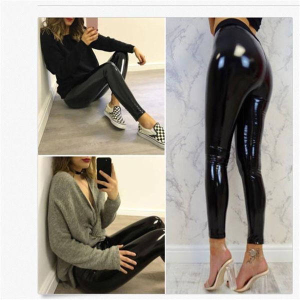 

women's leggings women wet look pu leather black slim long pants skinny trousers
