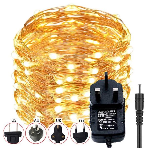 

strings 10m 20m 30m 50m led string lights outdoor copper xmas fairy garland christmas light + 12v 2a/1a uk/eu/au/us power adapter