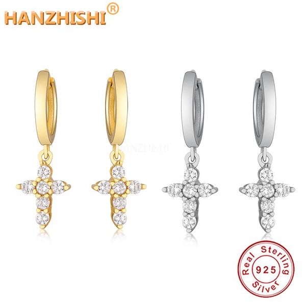 

hoop & huggie wholesale price women arrival 100% 925 sterling silver cross with clear cz earrings, Golden;silver