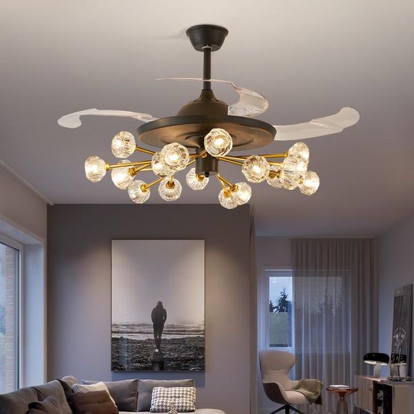 Ventiladores de teto candelabro de fã invisível quarto de moda de moda pós -moderna lâmpada de cristal pós -moderna