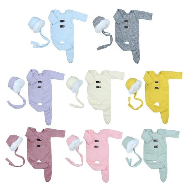 

clothing sets born infant baby girls boys solid colors knitted pography prop footed romper button overalls hat 2pcs set, White