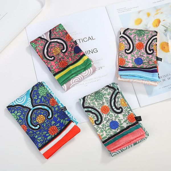 

scarves luxury silk scarf women long print hijab hair band small neck handle bag ribbons decorative pattern, Blue;gray
