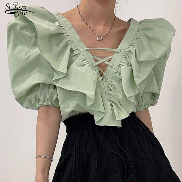 

women's blouses & shirts 2021 french v neck ruffles women casual loose lantern sleeve female solid lace up clothing 15176, White