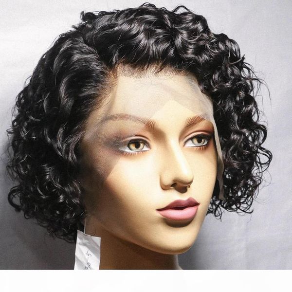 

wondero curls bob lace front wigu 150 desnity pixie cut wigo short curlg human hair wigk remy brazilian natural curly shorty wigy, Black;brown