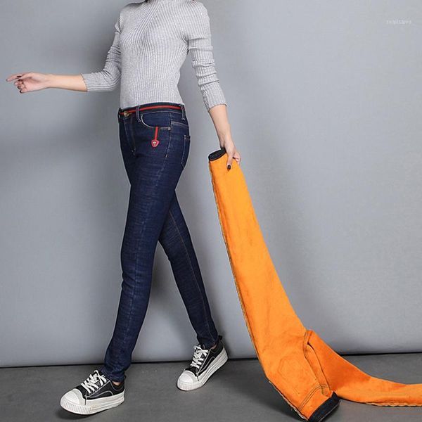 

women's jeans winter plus velvet thick stretch large size denim trousers fat mm warm feet pants female 9003#, Blue