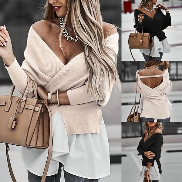 

women's t-shirt fashion v-neck lantern sleeve hole strip stitching irregular long top, White