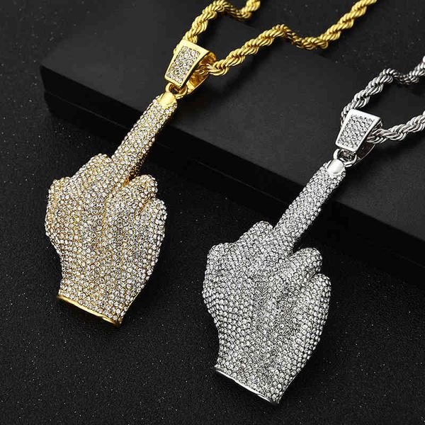 

cool men's personality vertical middle finger hip hop pendant hiphop rap trendsetter diamond necklace, Silver
