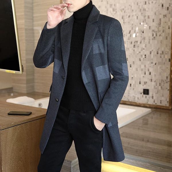 

men's wool & blends mens trench coat jacket thicker winter long slim plaid jackets business casual steetwear windbreaker chaquetas homb, Black