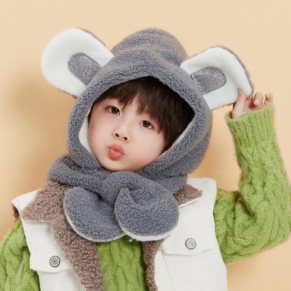 

winter outdoor travel cold and warm children's hats fashion cute trend boys and girls bib plus velvet thick dual-use headgear, Blue;gray