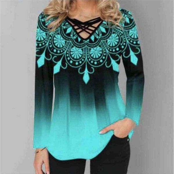 

oversized spring long sleeve gradient women blouses element print casual cross v neck ladies plus size 4xl 5xl, White
