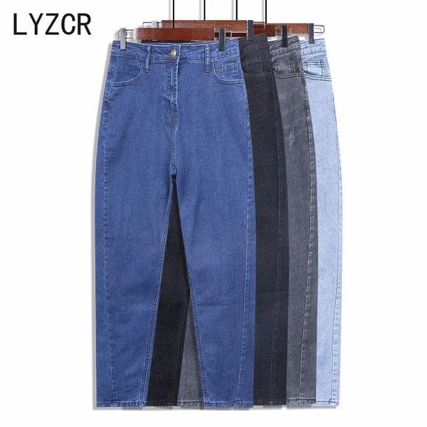 

lyzcr plus size 5xl100kg women's mom harem jeans woman high waist stretch jeans pants 2021 spring skinny women black, Blue