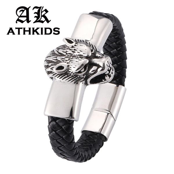 

charm bracelets fashion stainless steel men bracelet war wolf black leather wristband jewelry pd0286, Golden;silver