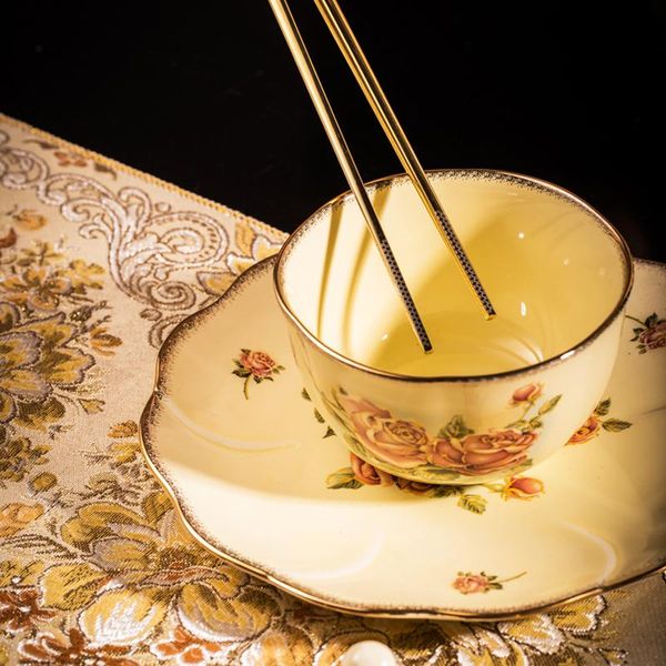 

european style luxury queen rose gold border ceramic bowl dinner bowl plate chopsticks home tableware