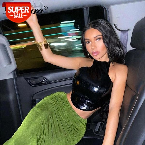 

dulzura pu fake leather halter crop tanks backless zipper bodycon party streetwear party 2020 autumn winter club #eu9b, White