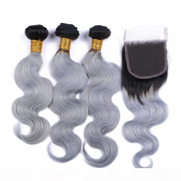 

brazilian silver grey ombre human hair weaves with closure body wave 2tone 1b grey ombre 4x4 lace closure with 3bundles 4pcs lot, Black