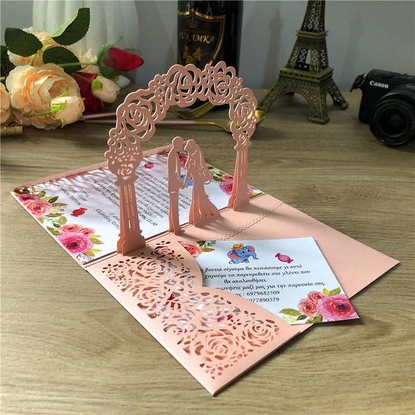 

greeting cards (50 pieces/lot) 3d -up pink wedding invitation cardi-folded laser cut pocket bride and groom invitations